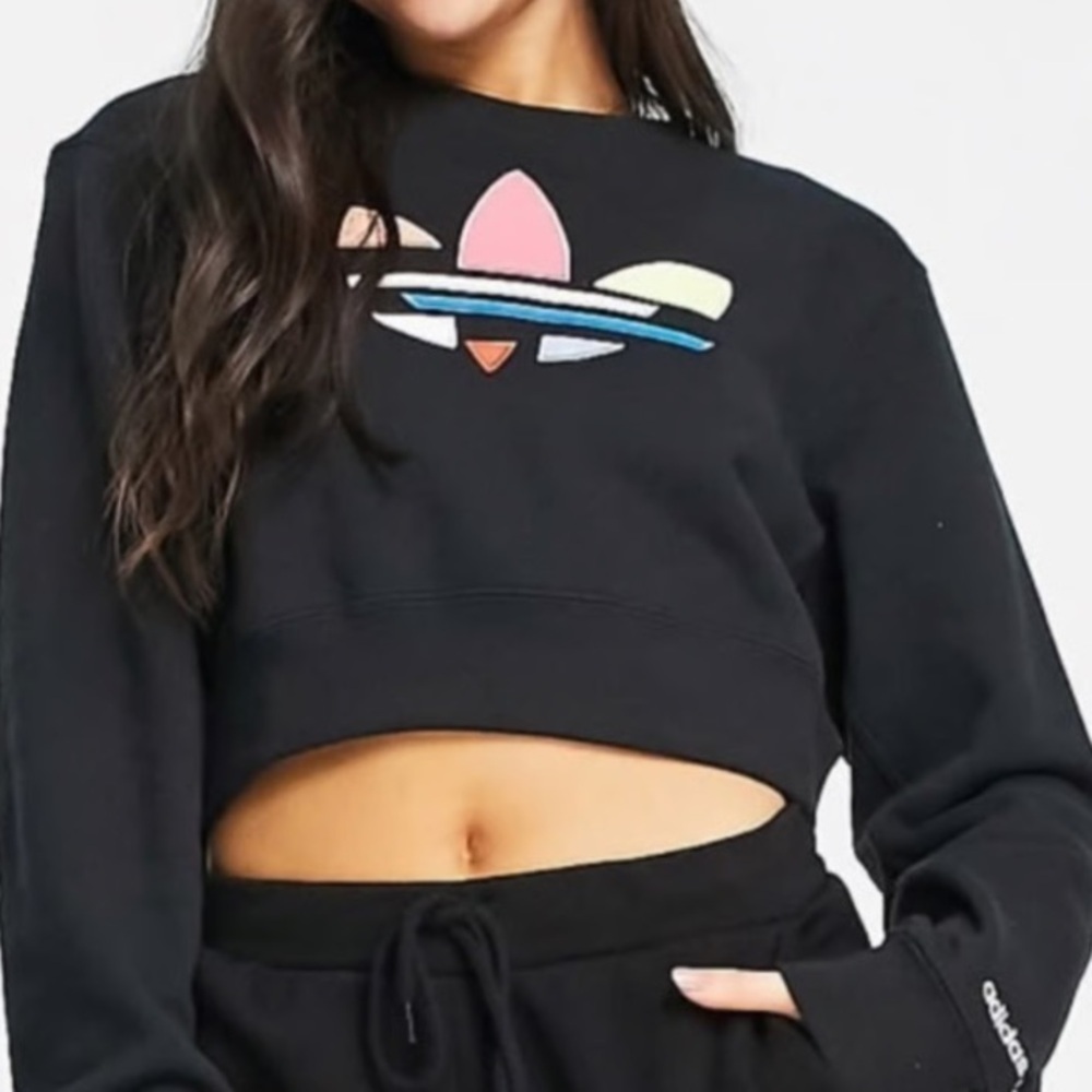 Adidas Black Adicolor Cropped Crew Sweatshirt, colorful logo, size Medium
